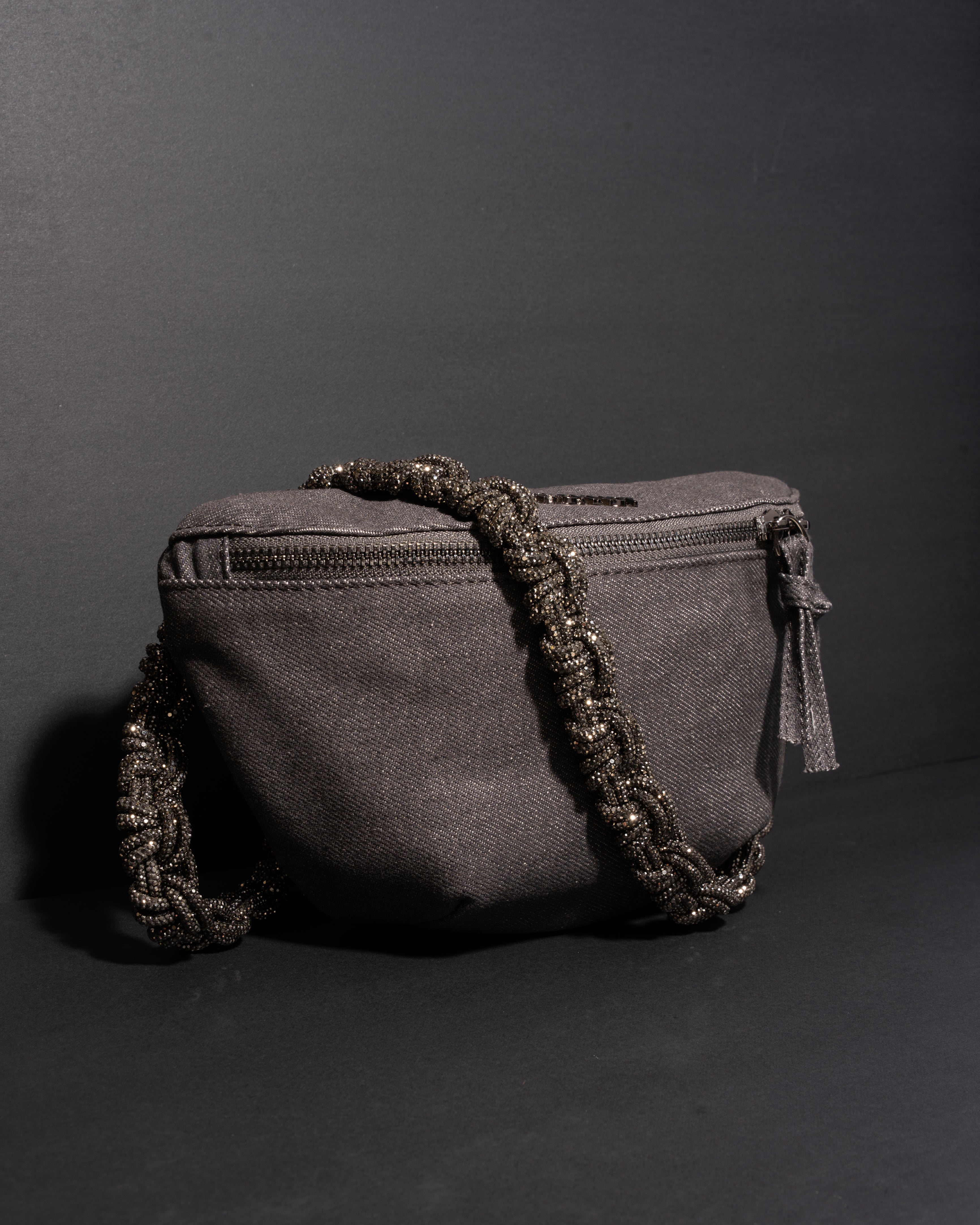 CHARCOAL DENIM BELT BAG + PETITE CROWN STRAP - Gunmetal