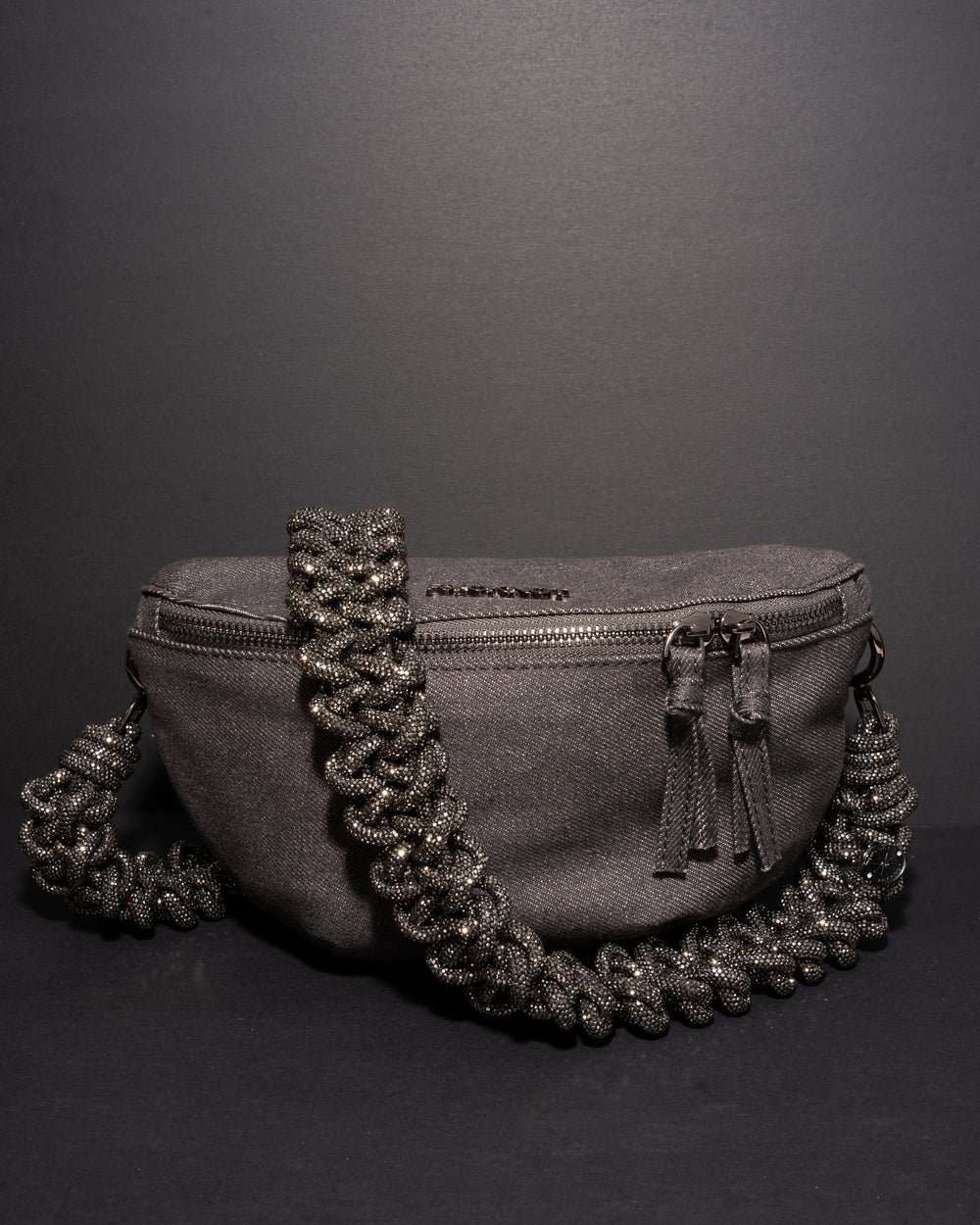 CHARCOAL DENIM BELT BAG + LACE STRAP - Gunmetal