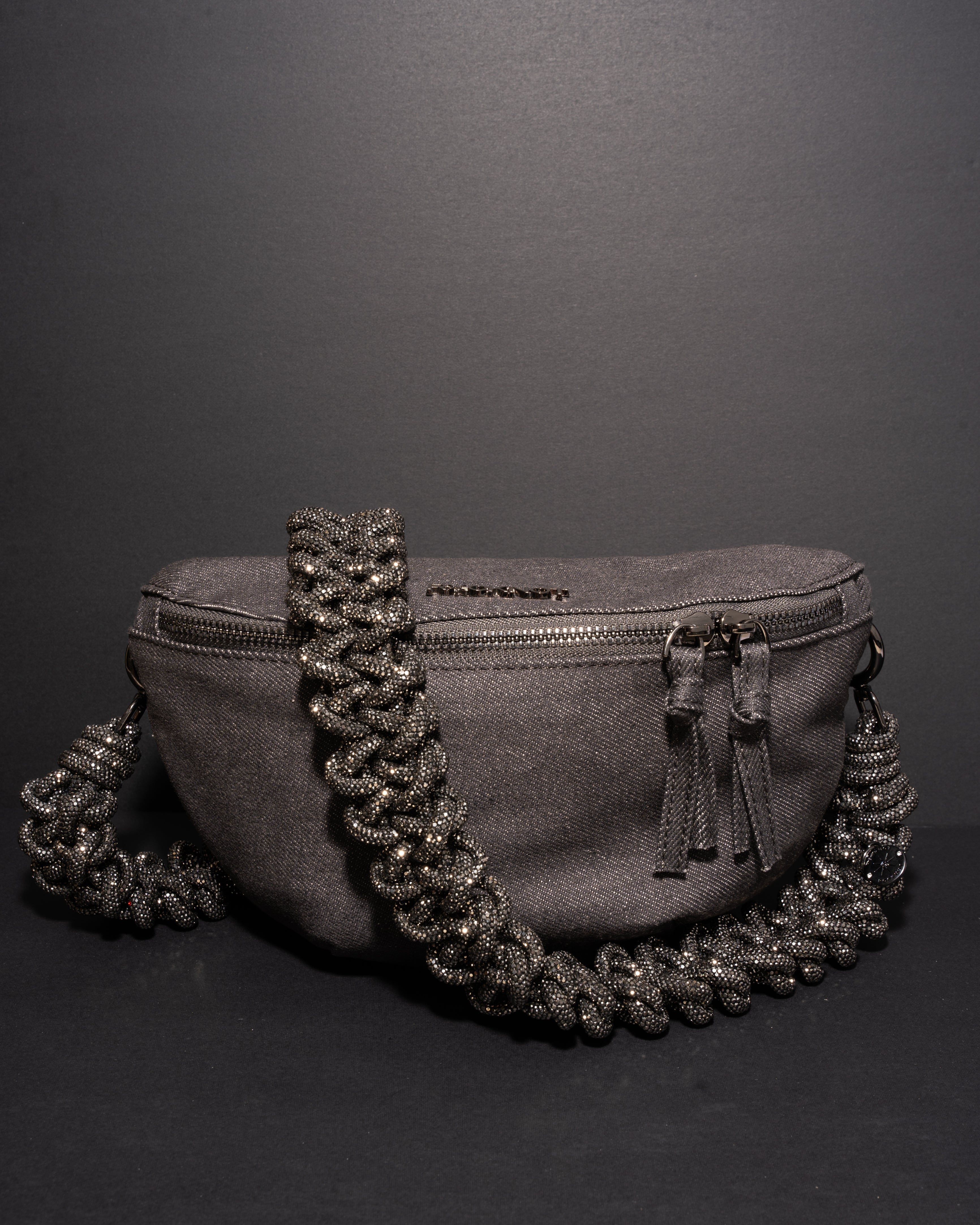 CHARCOAL DENIM BELT BAG + LACE STRAP - Gunmetal