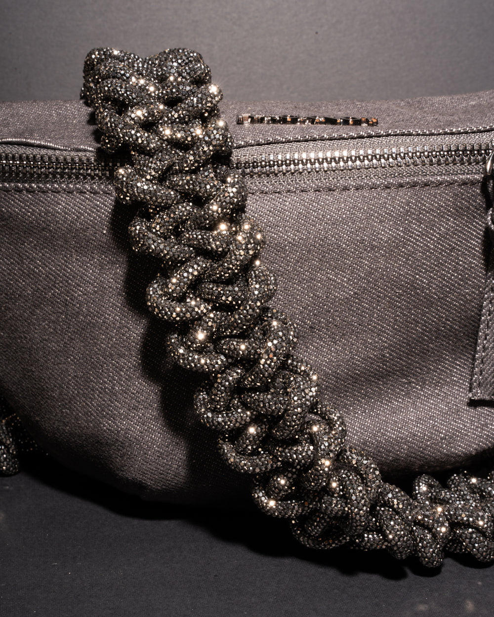 CHARCOAL DENIM BELT BAG + LACE STRAP - Gunmetal