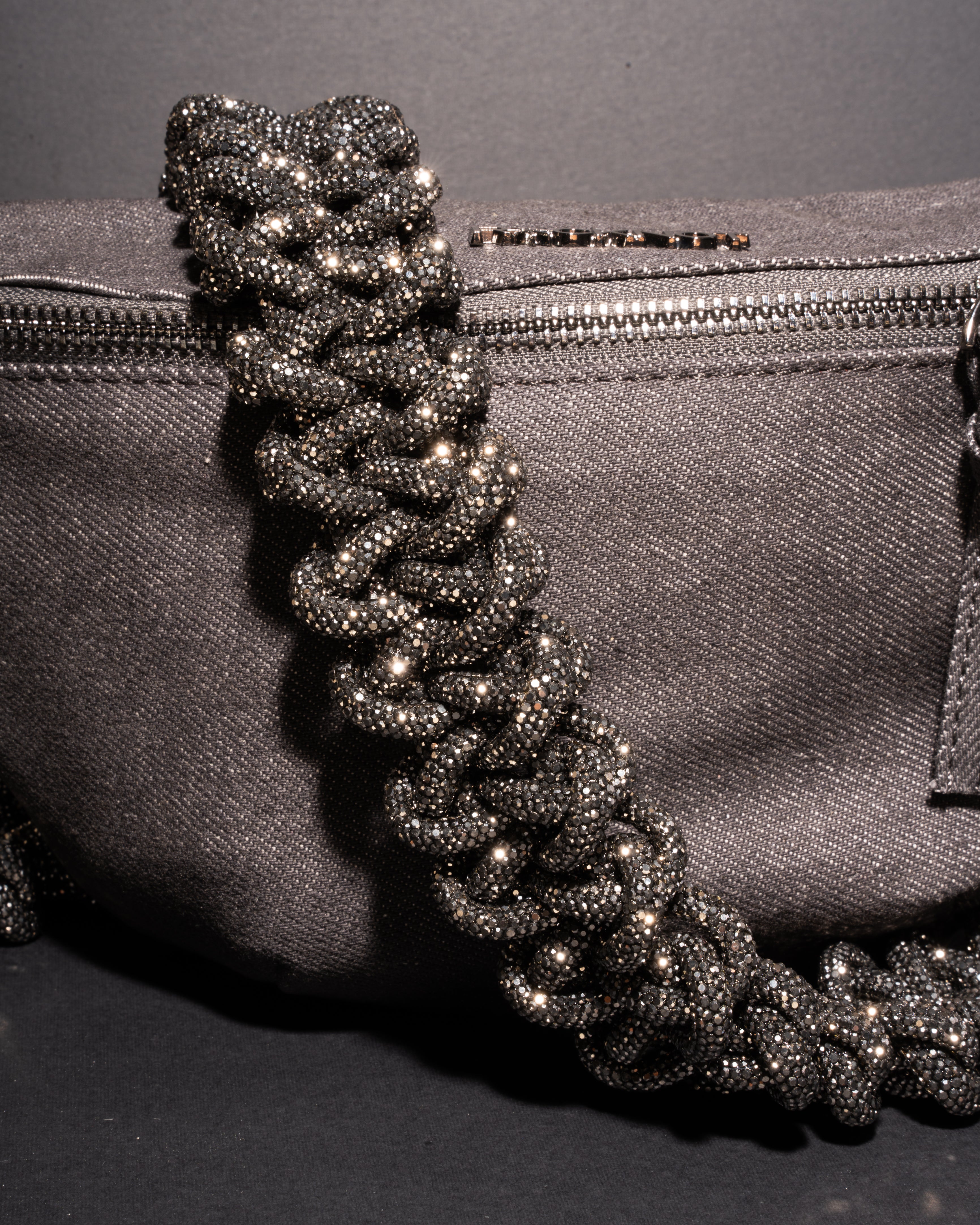CHARCOAL DENIM BELT BAG + LACE STRAP - Gunmetal