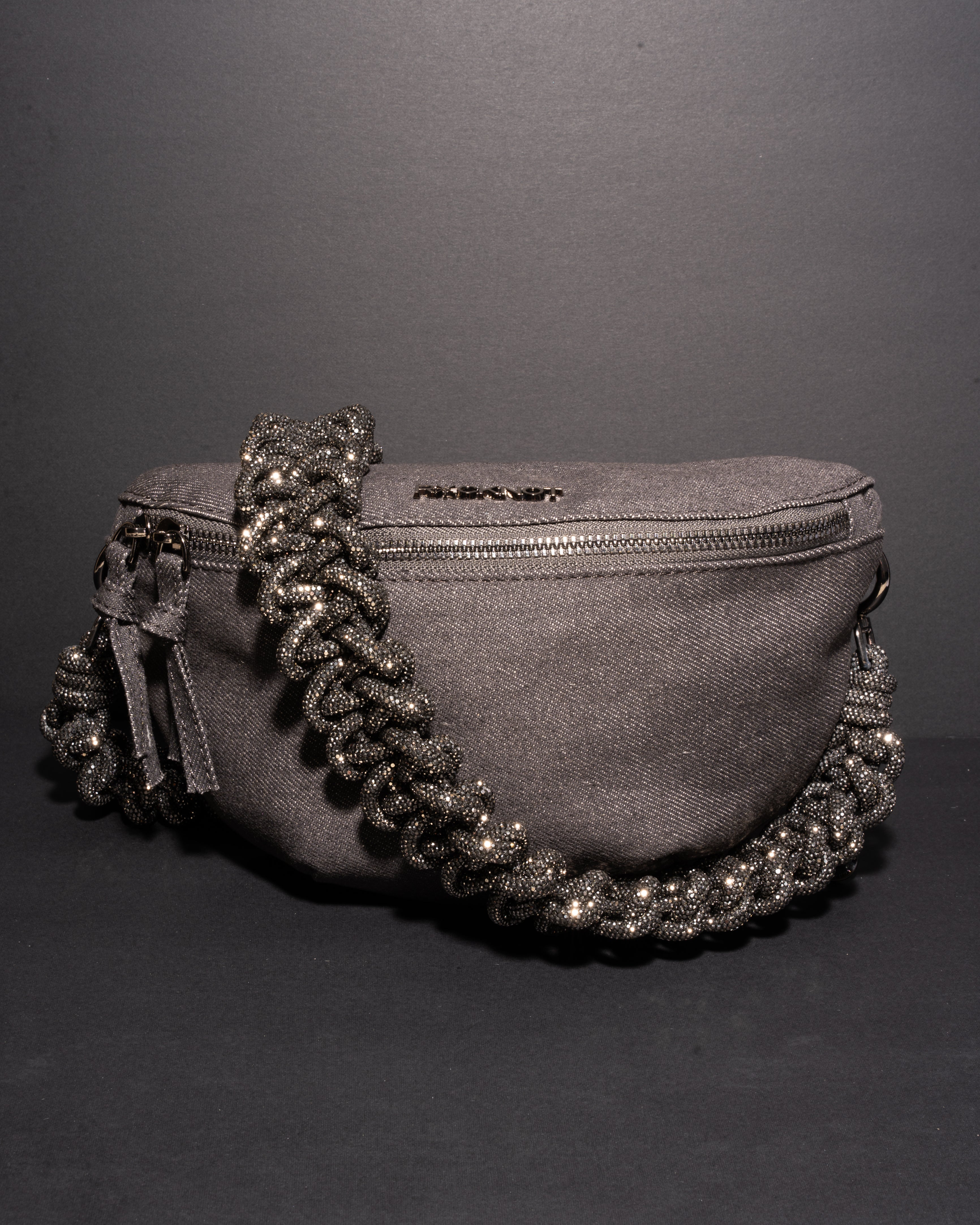 CHARCOAL DENIM BELT BAG + LACE STRAP - Gunmetal