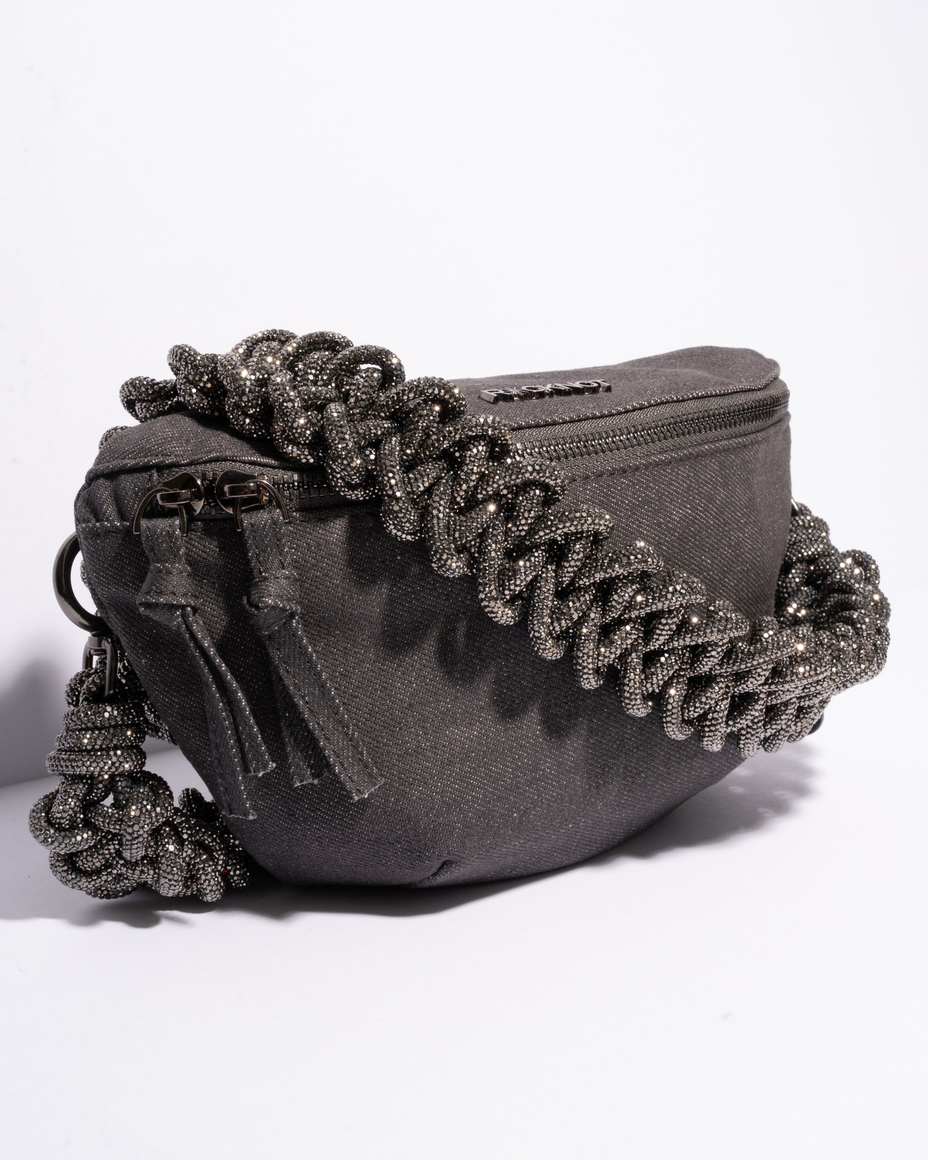 CHARCOAL DENIM BELT BAG + LACE STRAP - Gunmetal