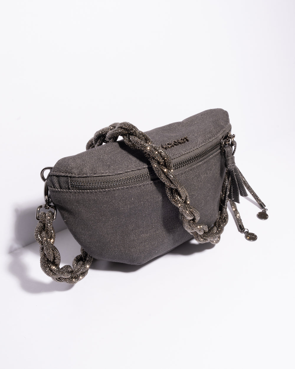 CHARCOAL DENIM BELT BAG + CHAIN STRAP - Gunmetal