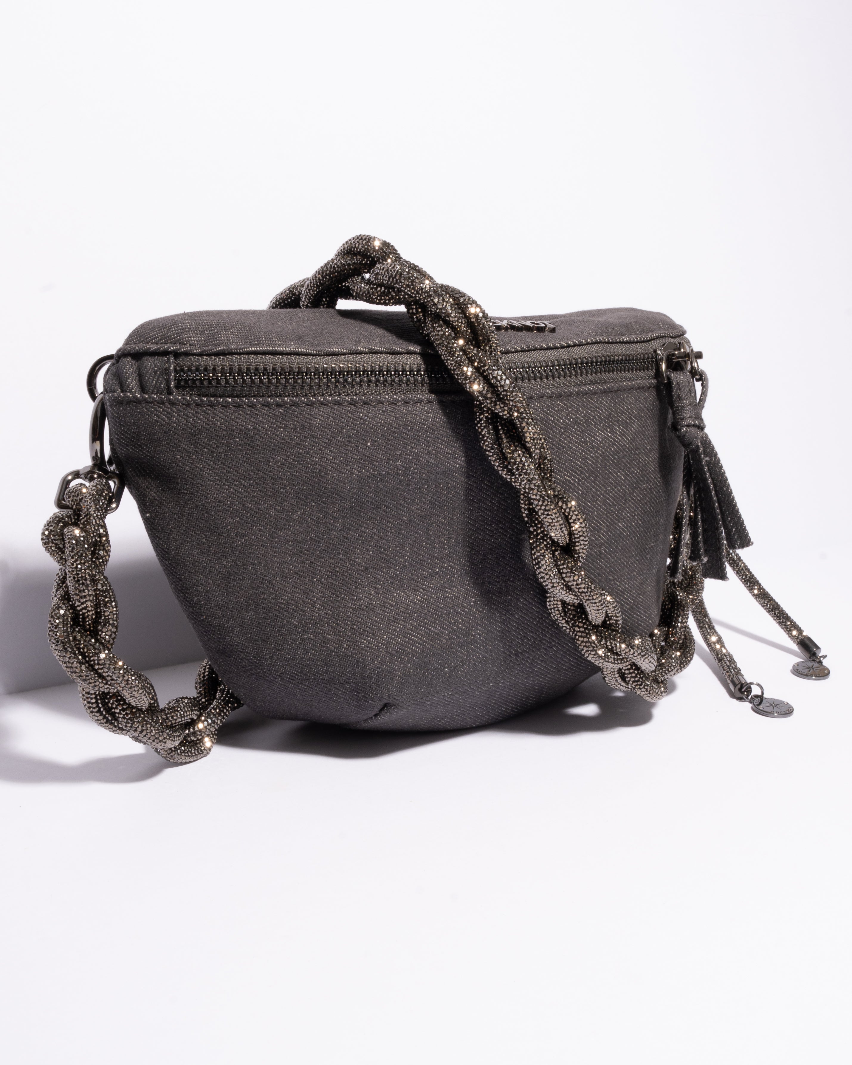 CHARCOAL DENIM BELT BAG + CHAIN STRAP - Gunmetal