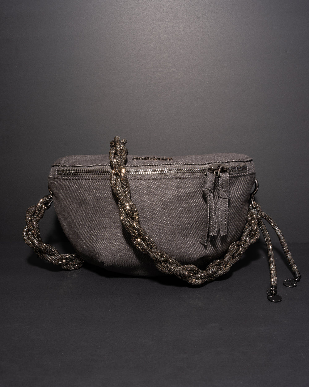 CHARCOAL DENIM BELT BAG + CHAIN STRAP - Gunmetal
