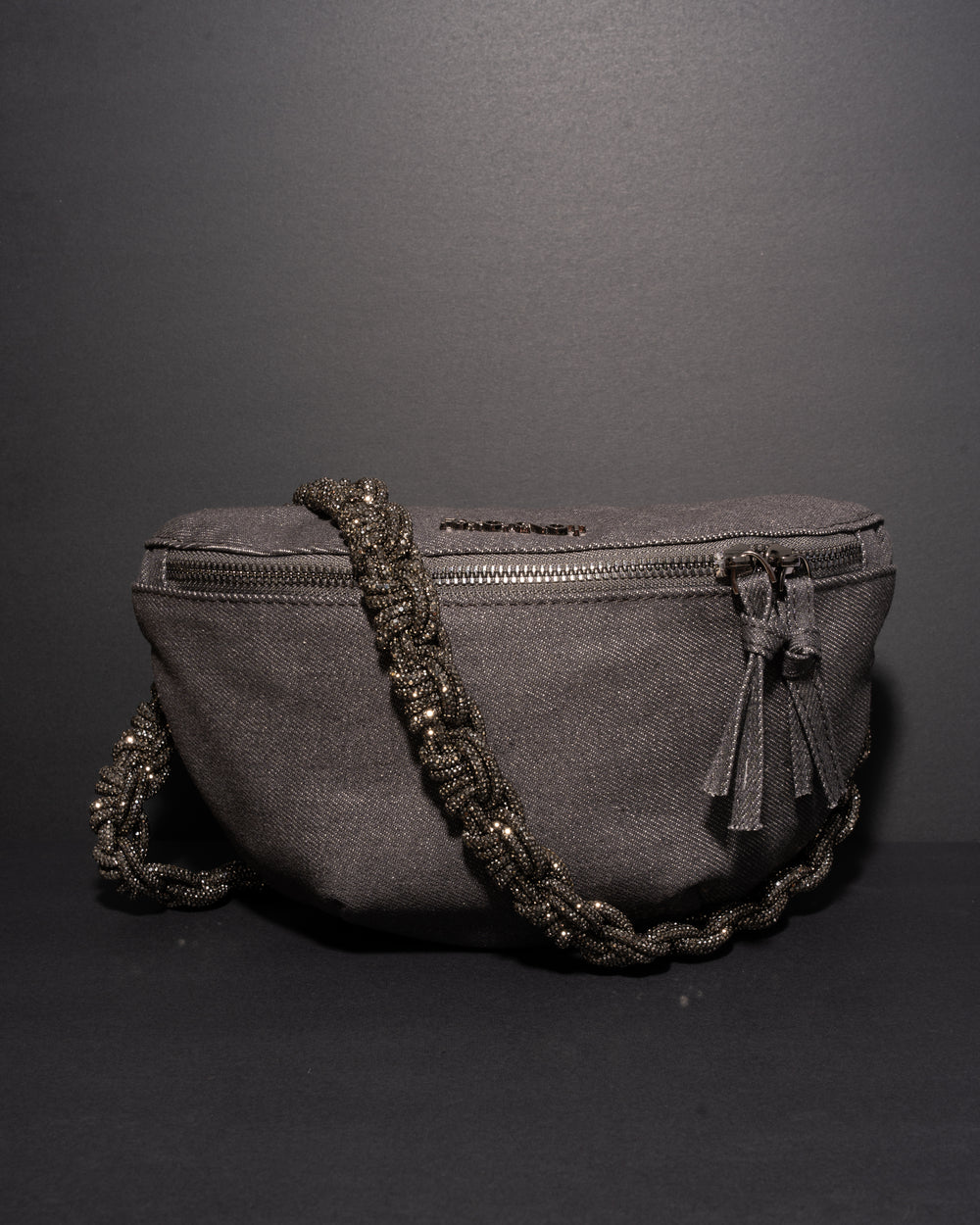 CHARCOAL DENIM BELT BAG + PETITE CROWN STRAP - Gunmetal