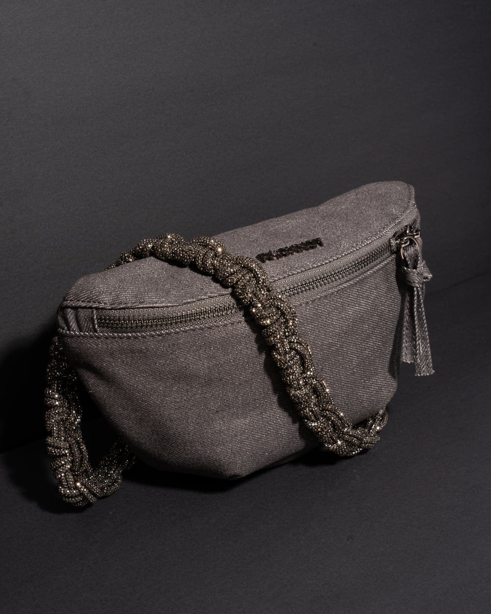 CHARCOAL DENIM BELT BAG + PETITE CROWN STRAP - Gunmetal