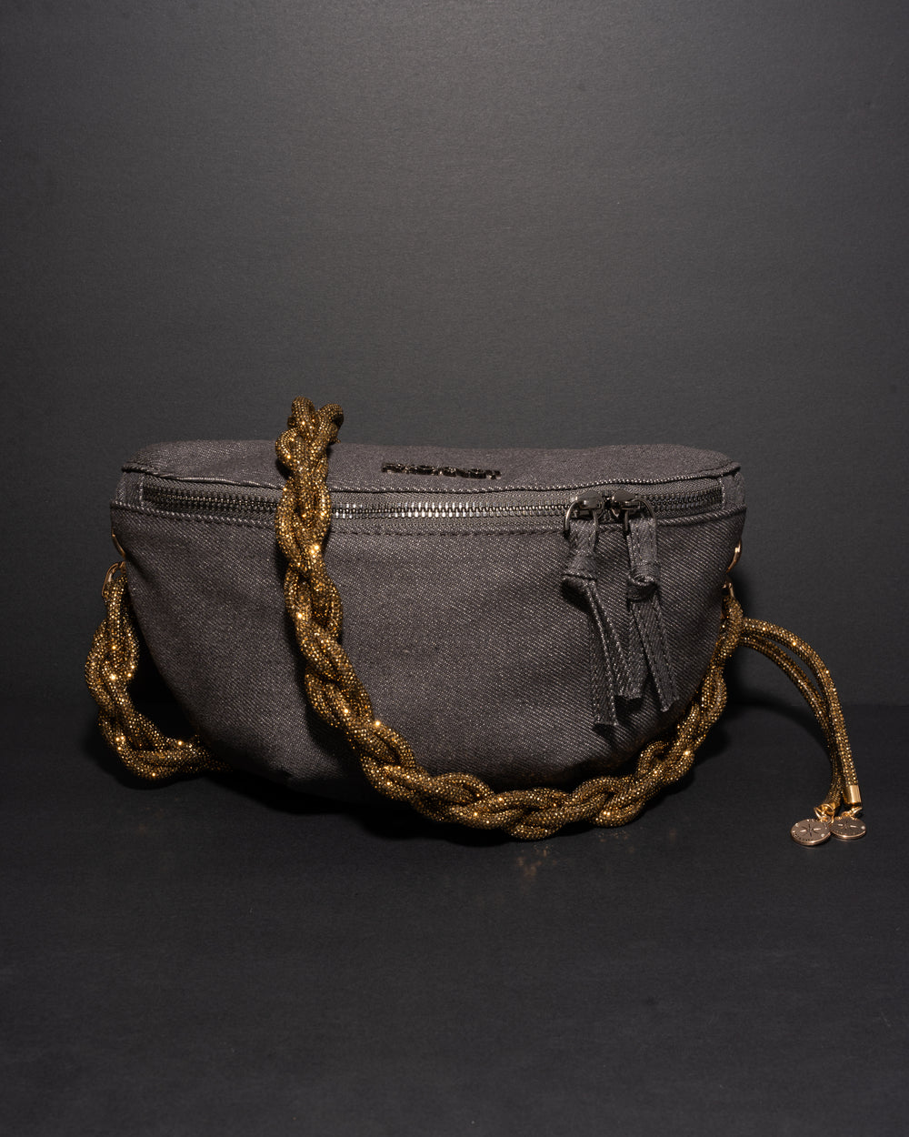 CHARCOAL DENIM BELT BAG + CHAIN STRAP - Antique Gold