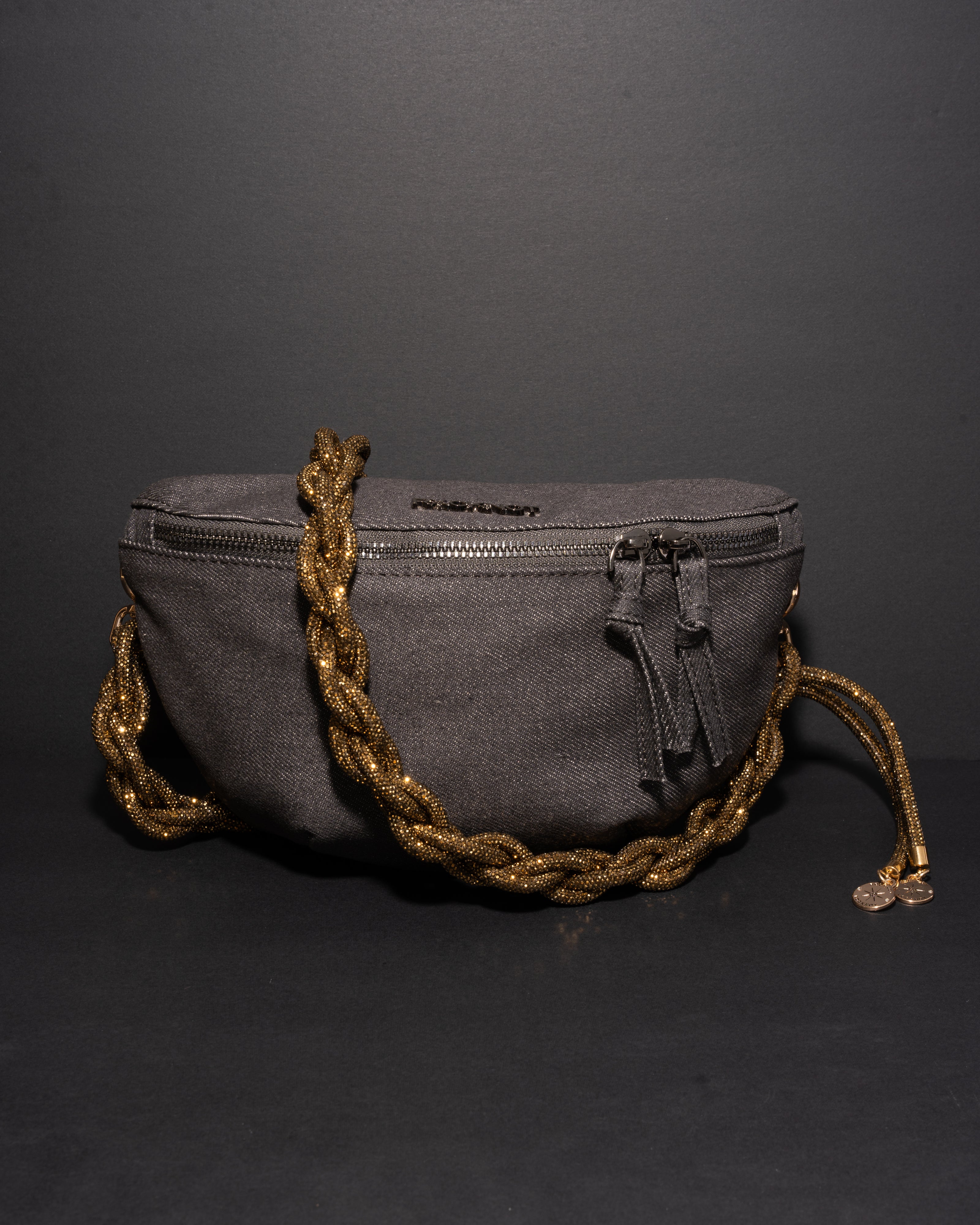 CHARCOAL DENIM BELT BAG + CHAIN STRAP - Antique Gold