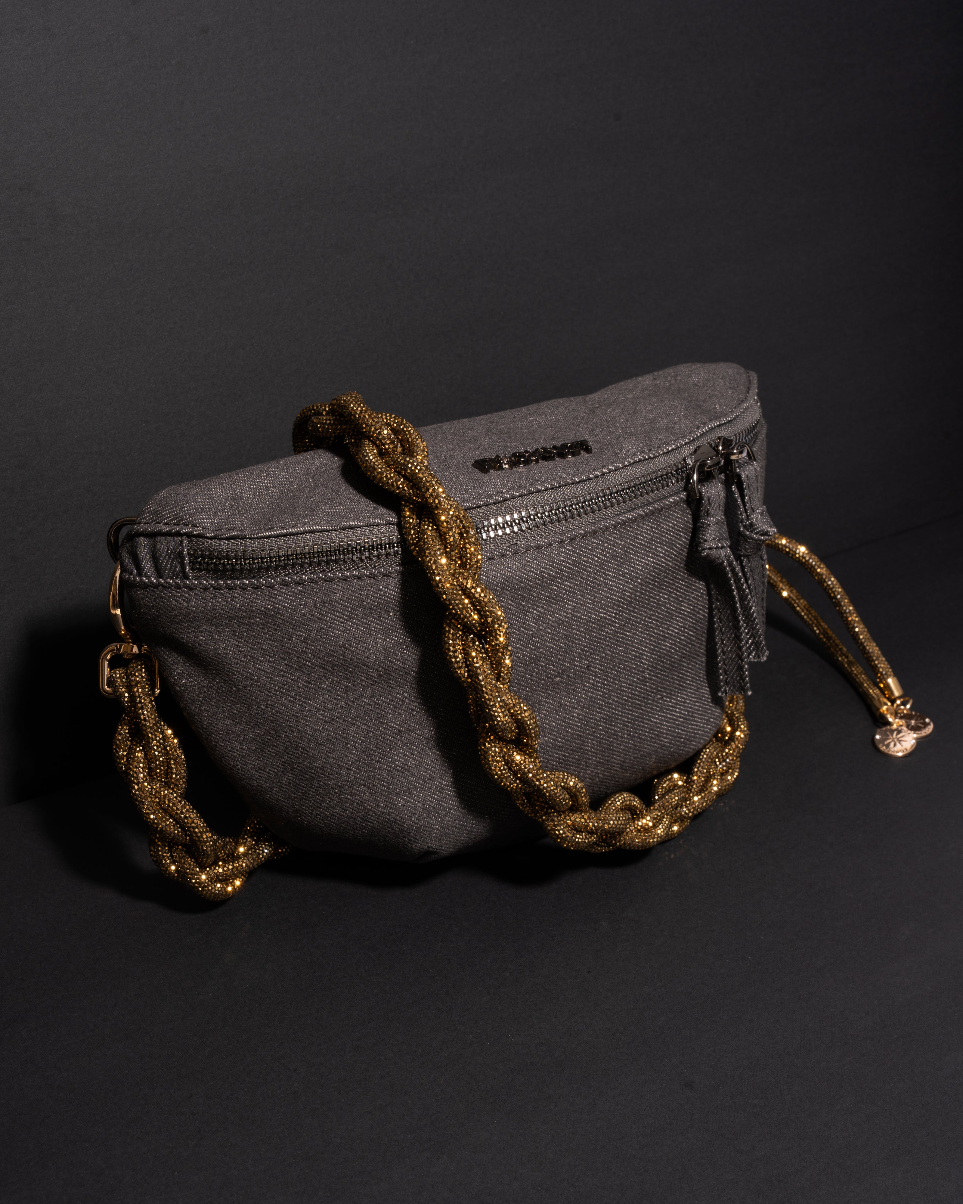CHARCOAL DENIM BELT BAG + CHAIN STRAP - Antique Gold