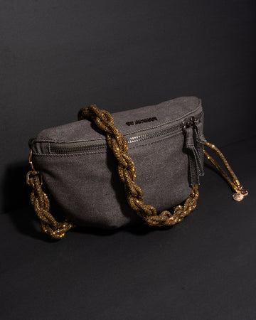 CHARCOAL DENIM BELT BAG + CHAIN STRAP - Antique Gold
