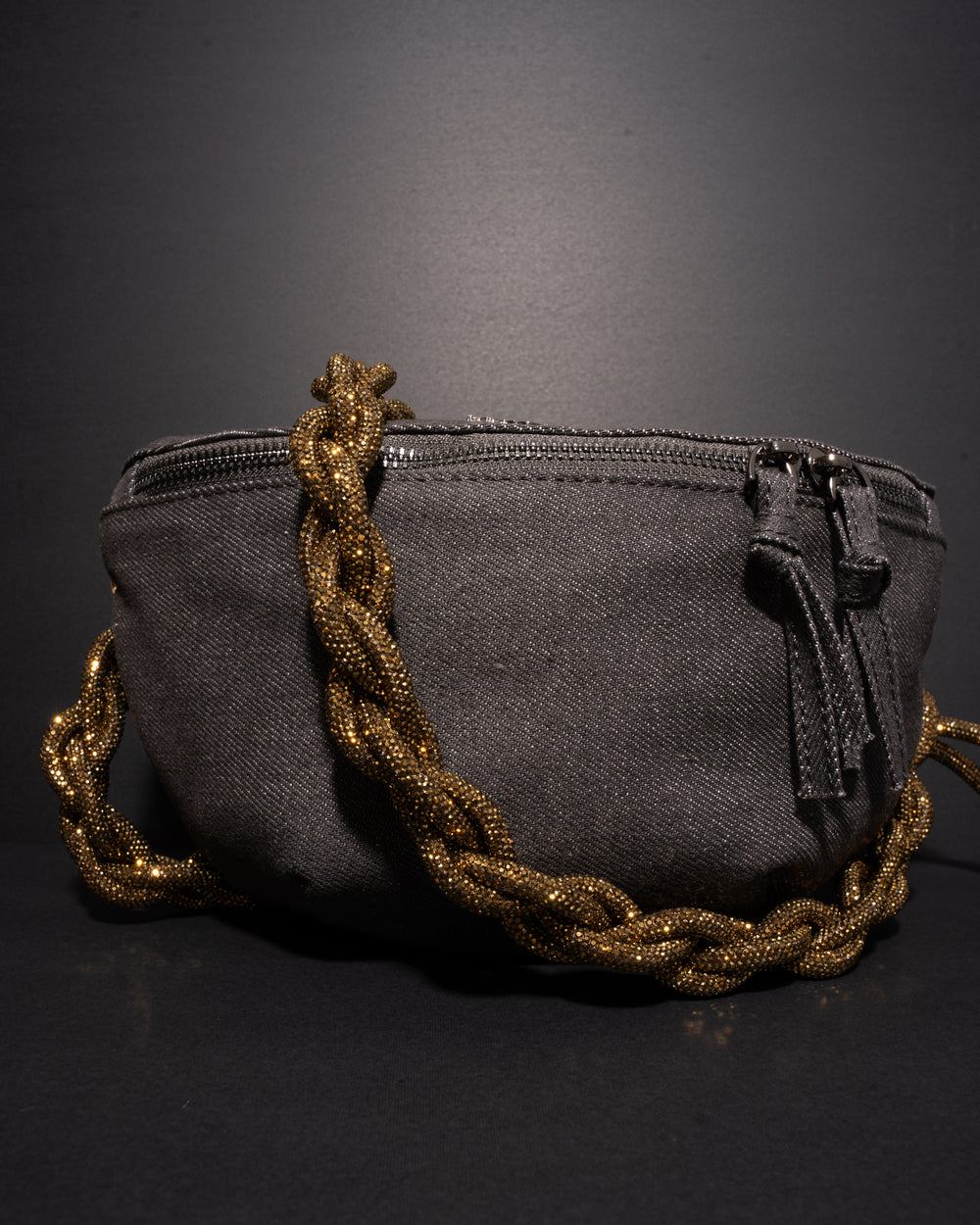 CHARCOAL DENIM BELT BAG + CHAIN STRAP - Antique Gold