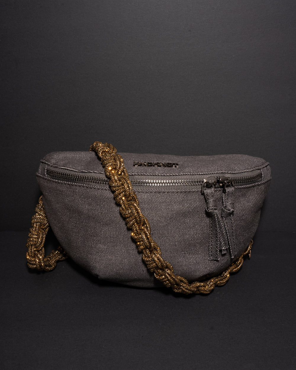 CHARCOAL DENIM BELT BAG + PETITE CROWN STRAP - Antique Gold