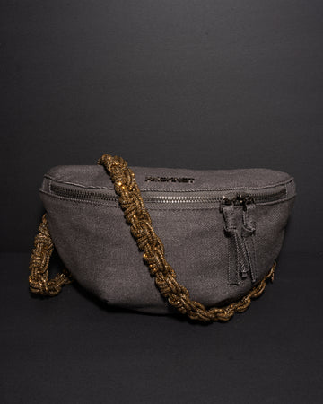 CHARCOAL DENIM BELT BAG + PETITE CROWN STRAP - Antique Gold