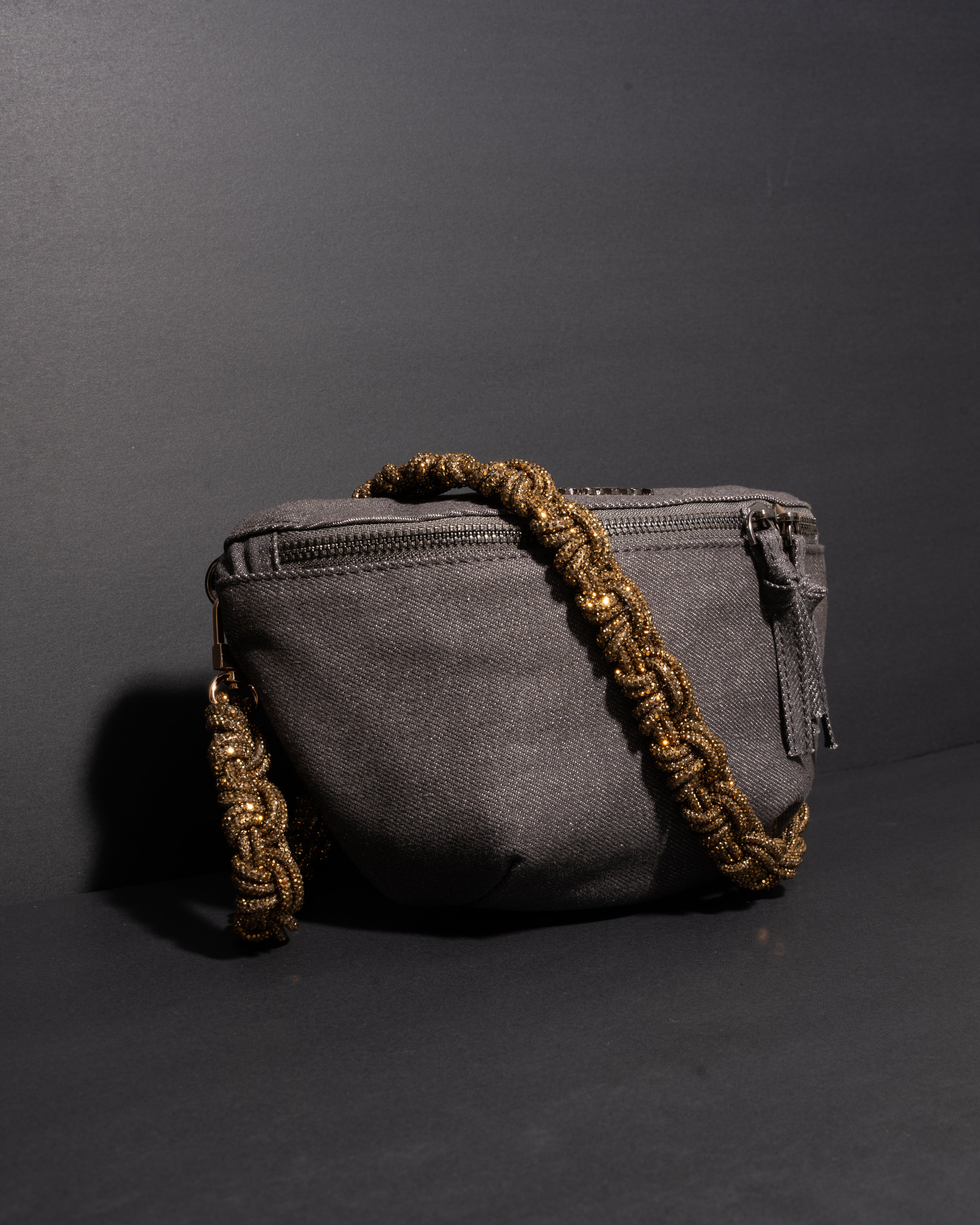 CHARCOAL DENIM BELT BAG + PETITE CROWN STRAP - Antique Gold