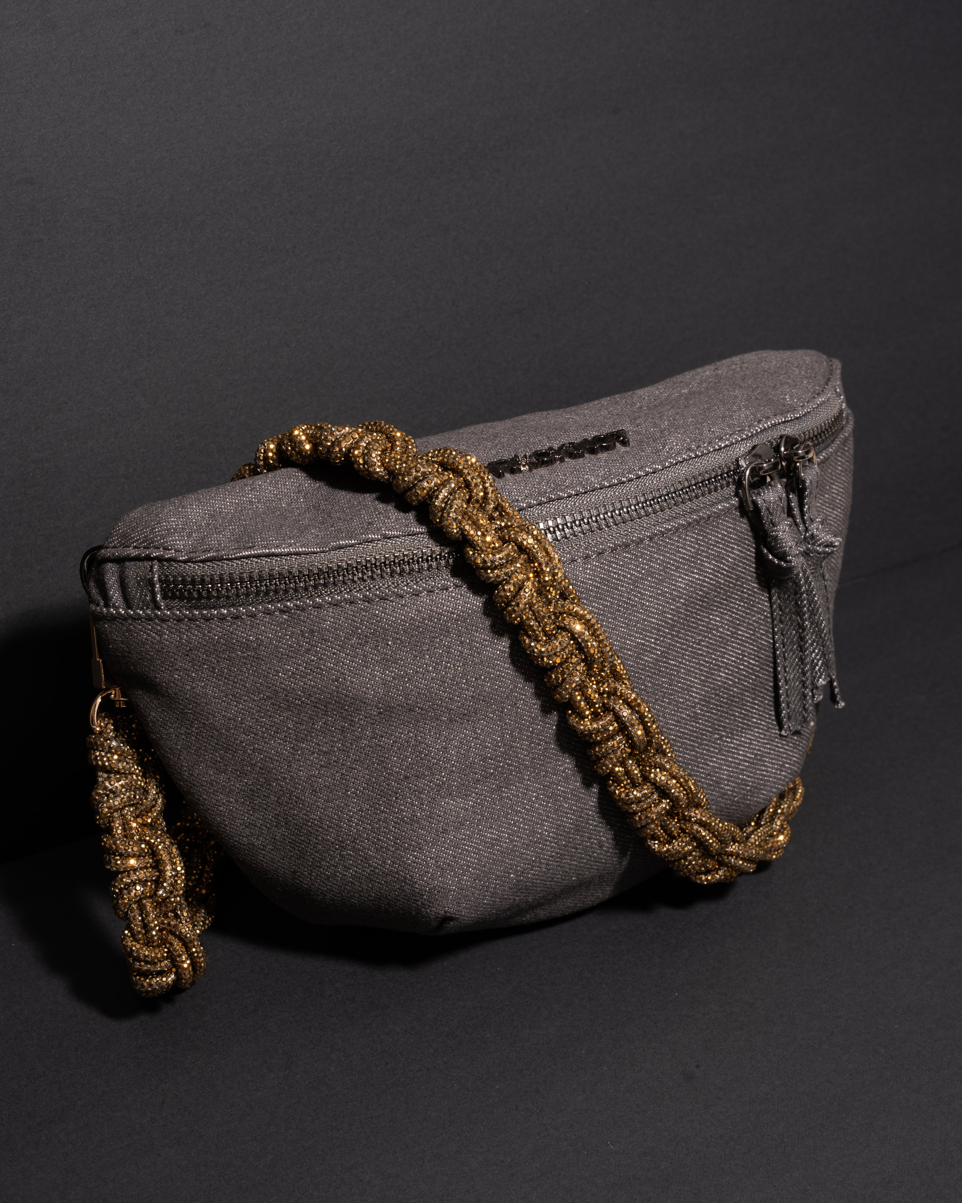 CHARCOAL DENIM BELT BAG + PETITE CROWN STRAP - Antique Gold