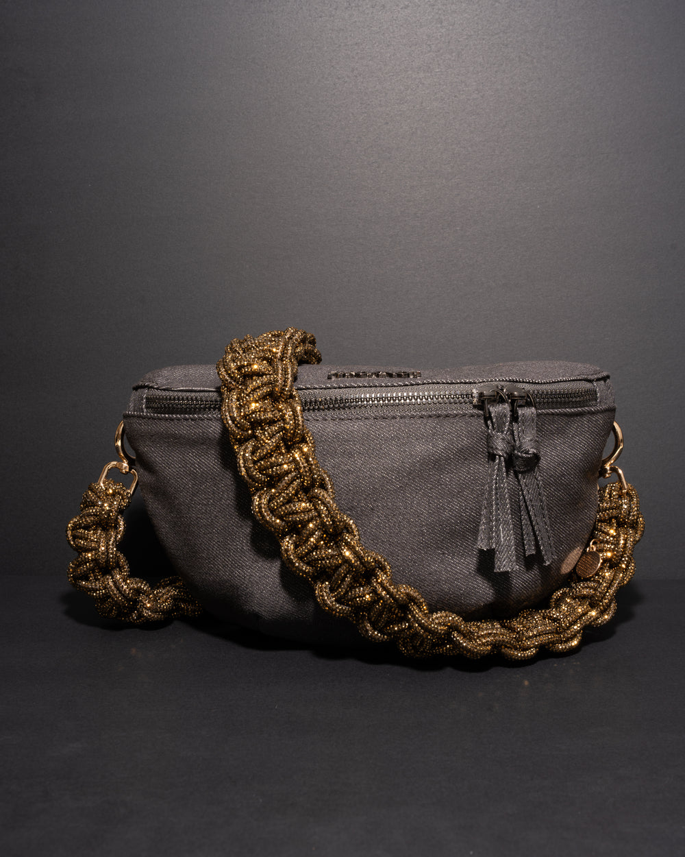 CHARCOAL DENIM BELT BAG + TWIN STRAP - Antique Gold