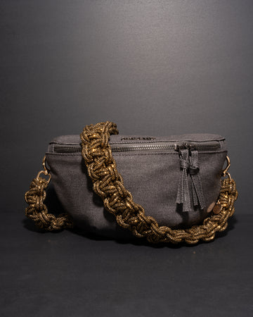 CHARCOAL DENIM BELT BAG + TWIN STRAP - Antique Gold