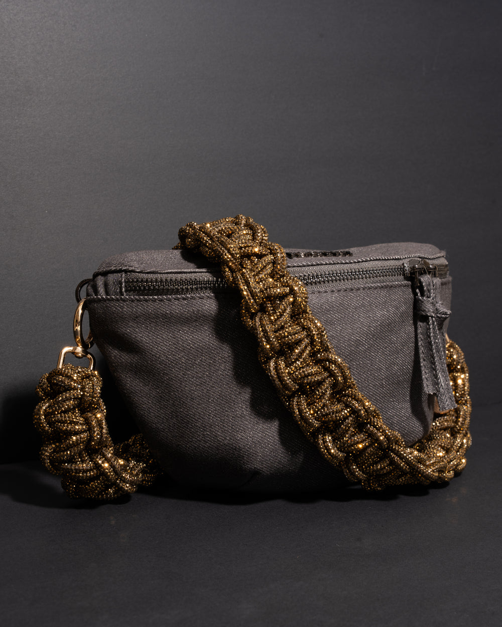 CHARCOAL DENIM BELT BAG + TWIN STRAP - Antique Gold