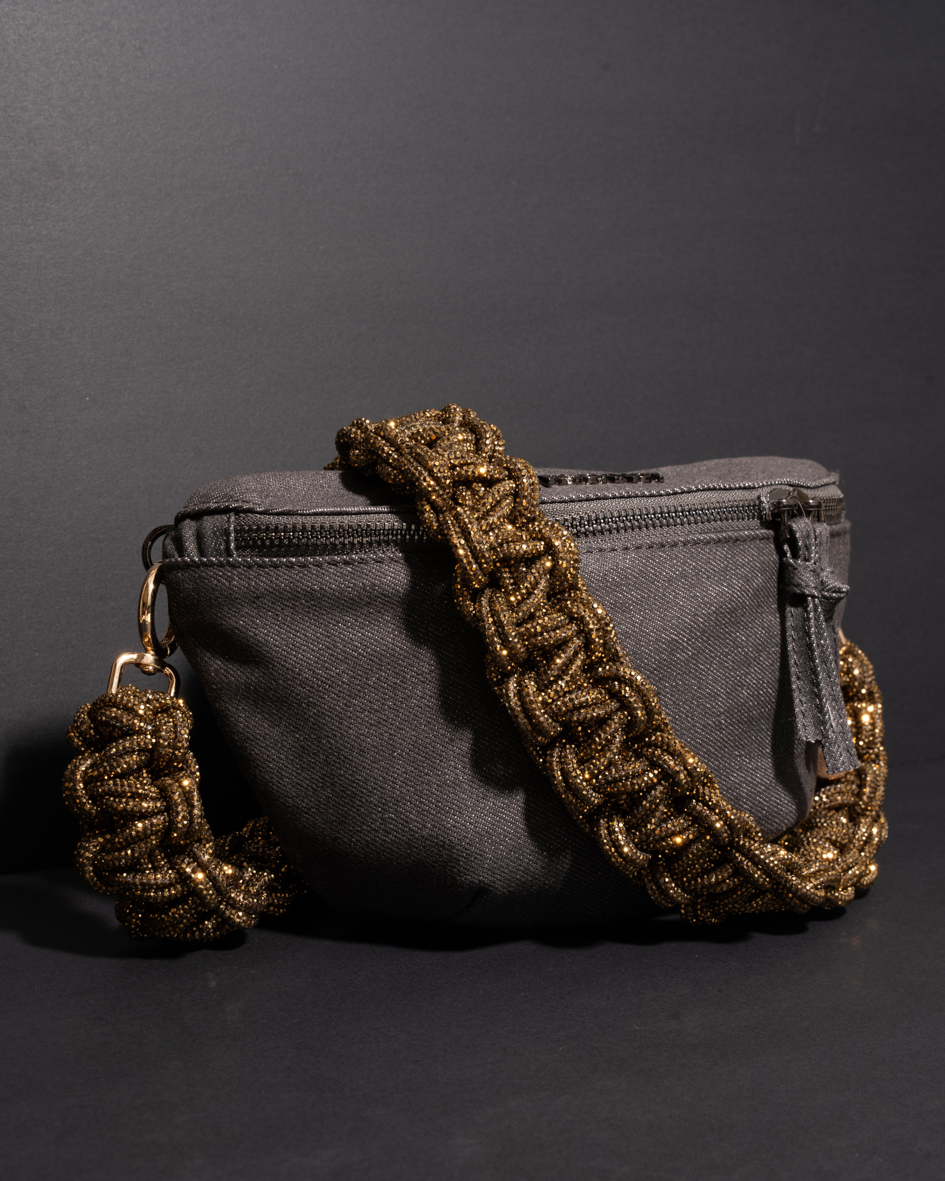 CHARCOAL DENIM BELT BAG + TWIN STRAP - Antique Gold