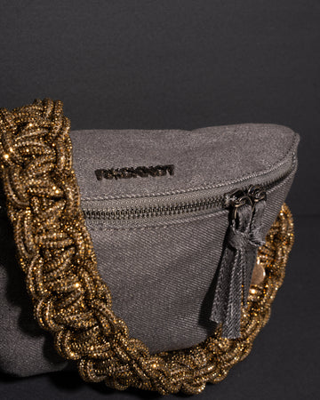 CHARCOAL DENIM BELT BAG + TWIN STRAP - Antique Gold