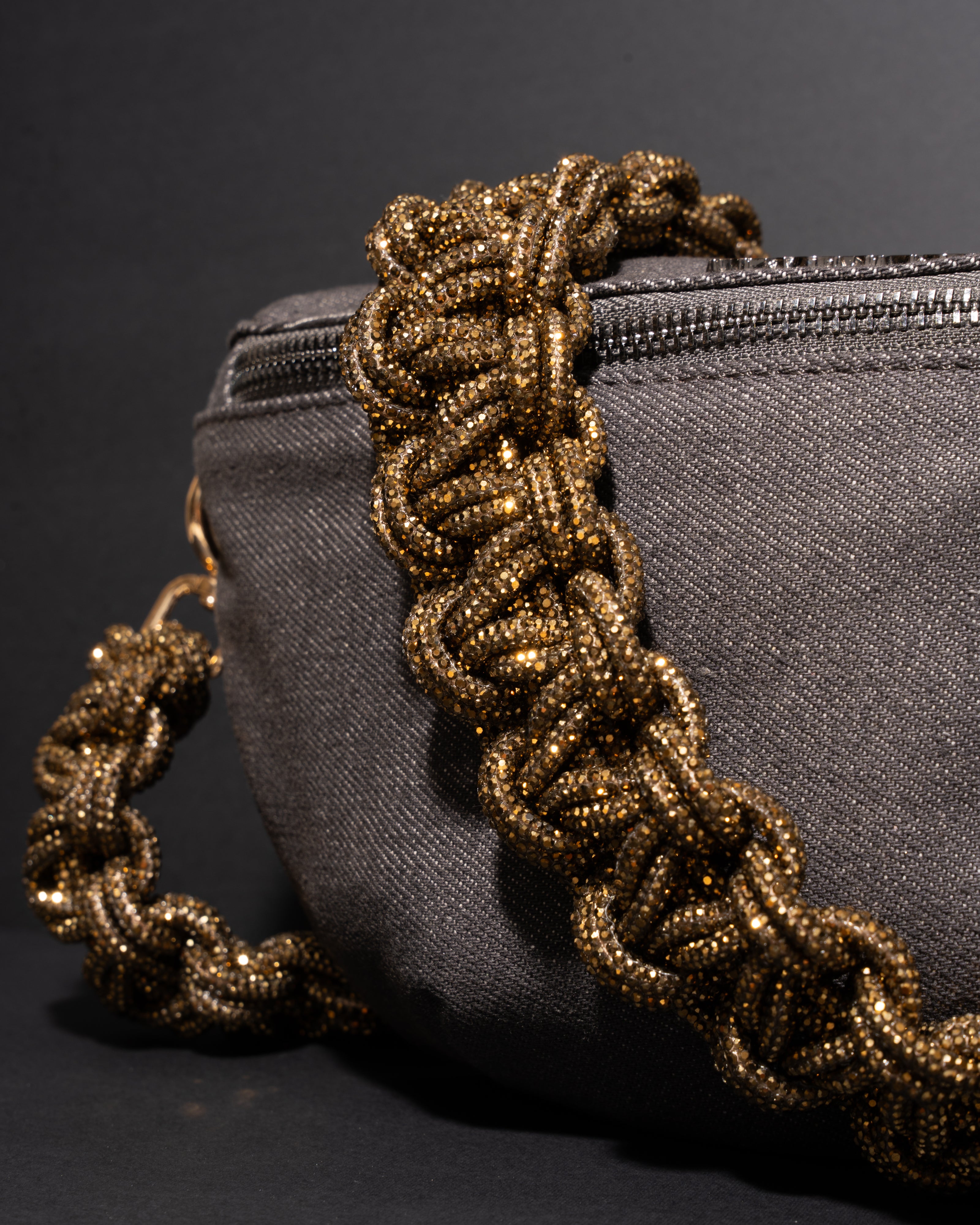 CHARCOAL DENIM BELT BAG + TWIN STRAP - Antique Gold