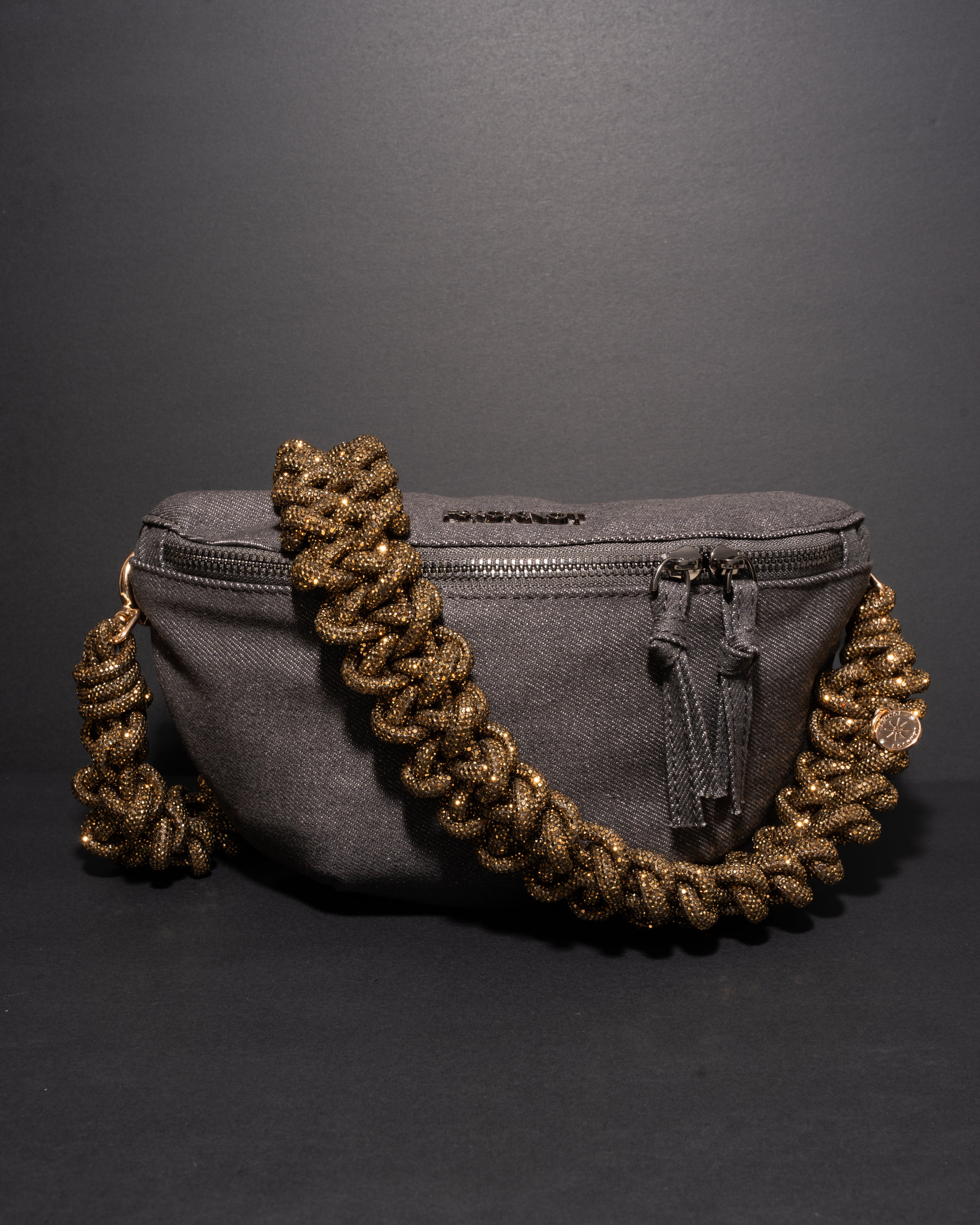 CHARCOAL DENIM BELT BAG + LACE STRAP - Antique Gold