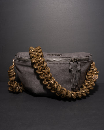 CHARCOAL DENIM BELT BAG + LACE STRAP - Antique Gold