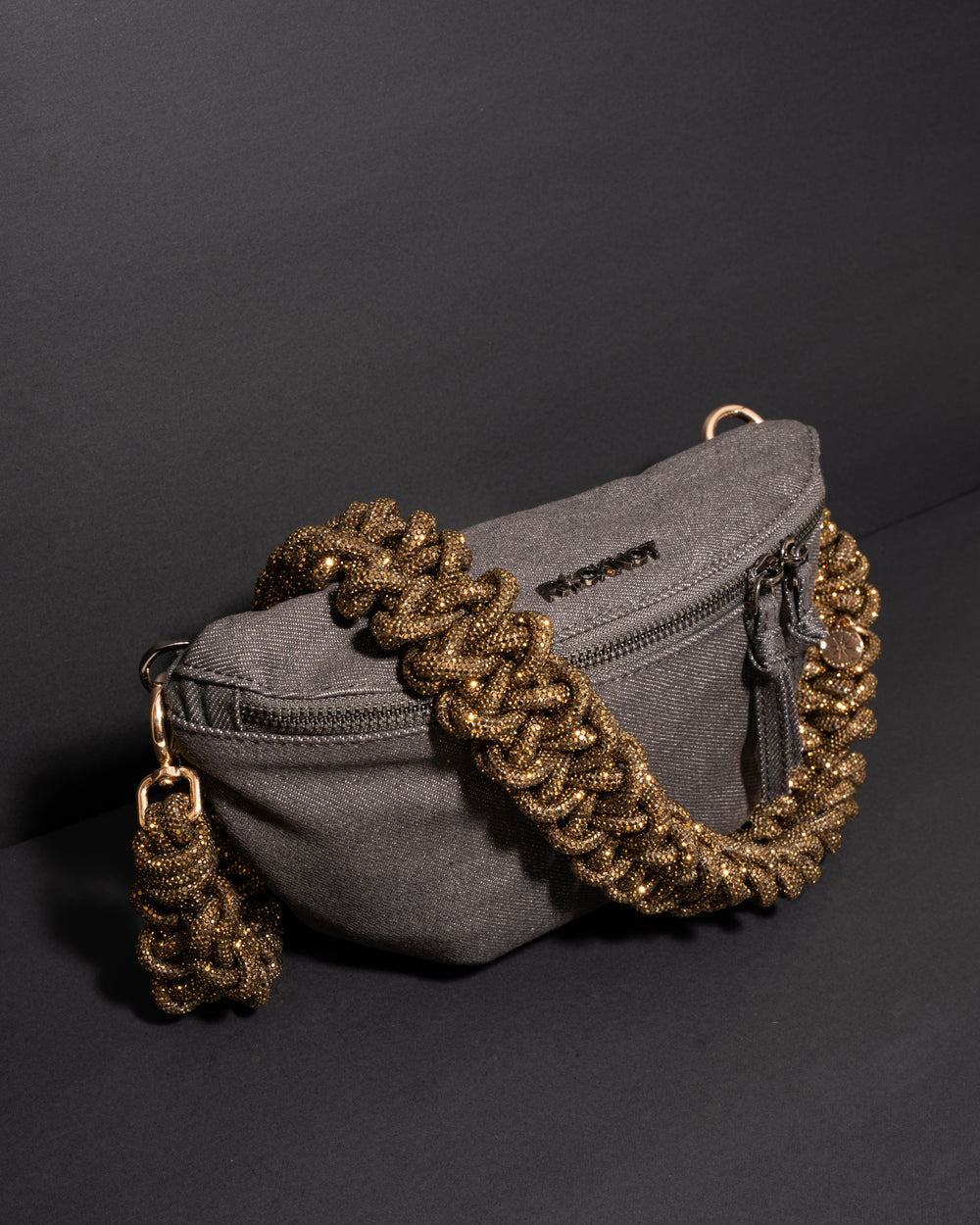 CHARCOAL DENIM BELT BAG + LACE STRAP - Antique Gold