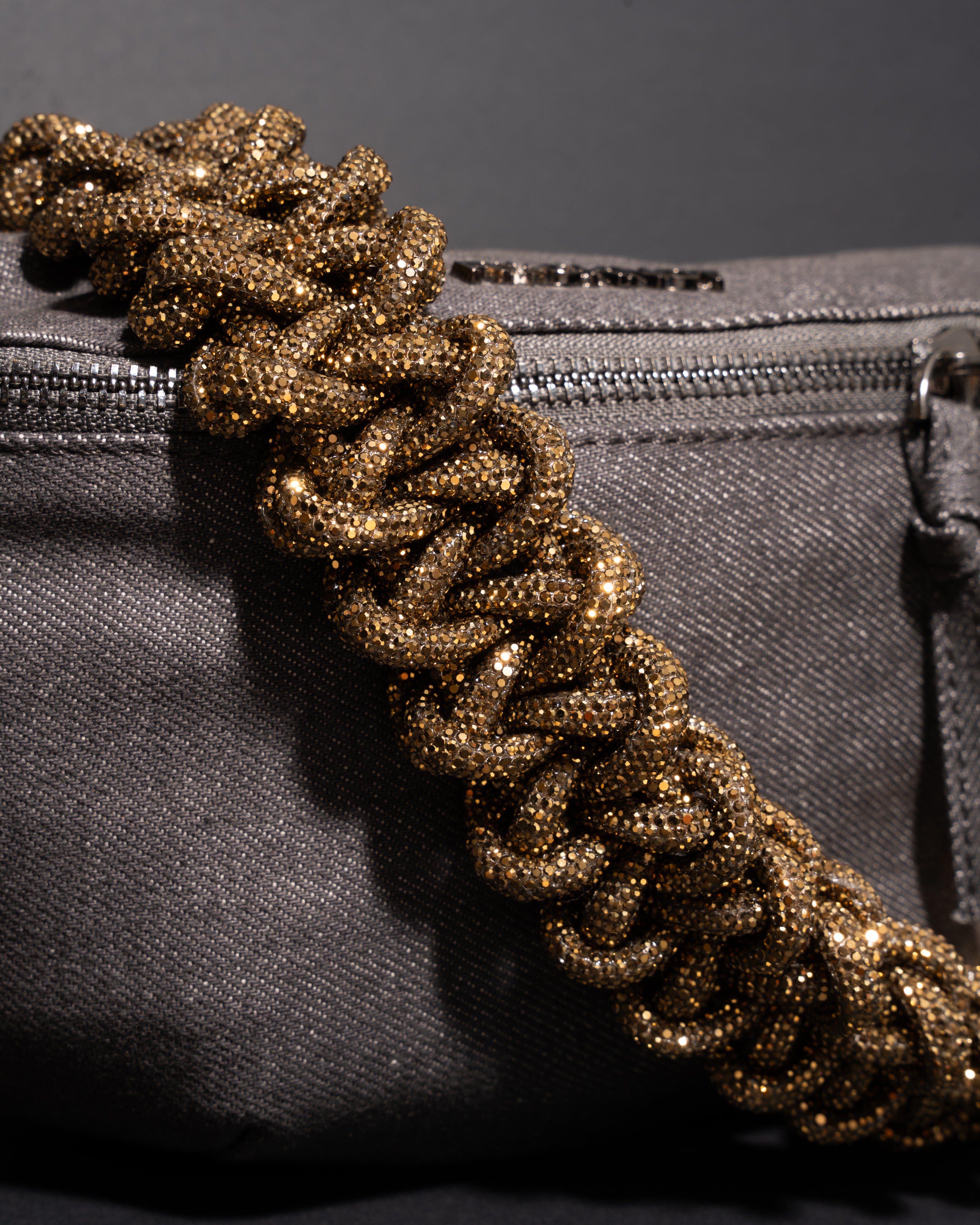 CHARCOAL DENIM BELT BAG + LACE STRAP - Antique Gold