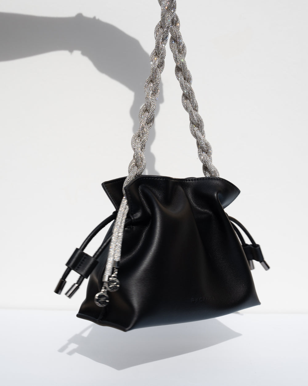 ALLI Drawstring Leather Bucket Bag - Black