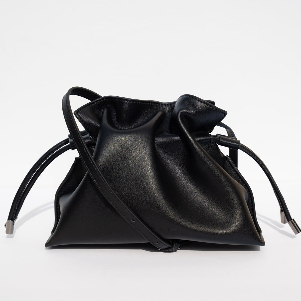 ALLI Drawstring Leather Bucket Bag - Black