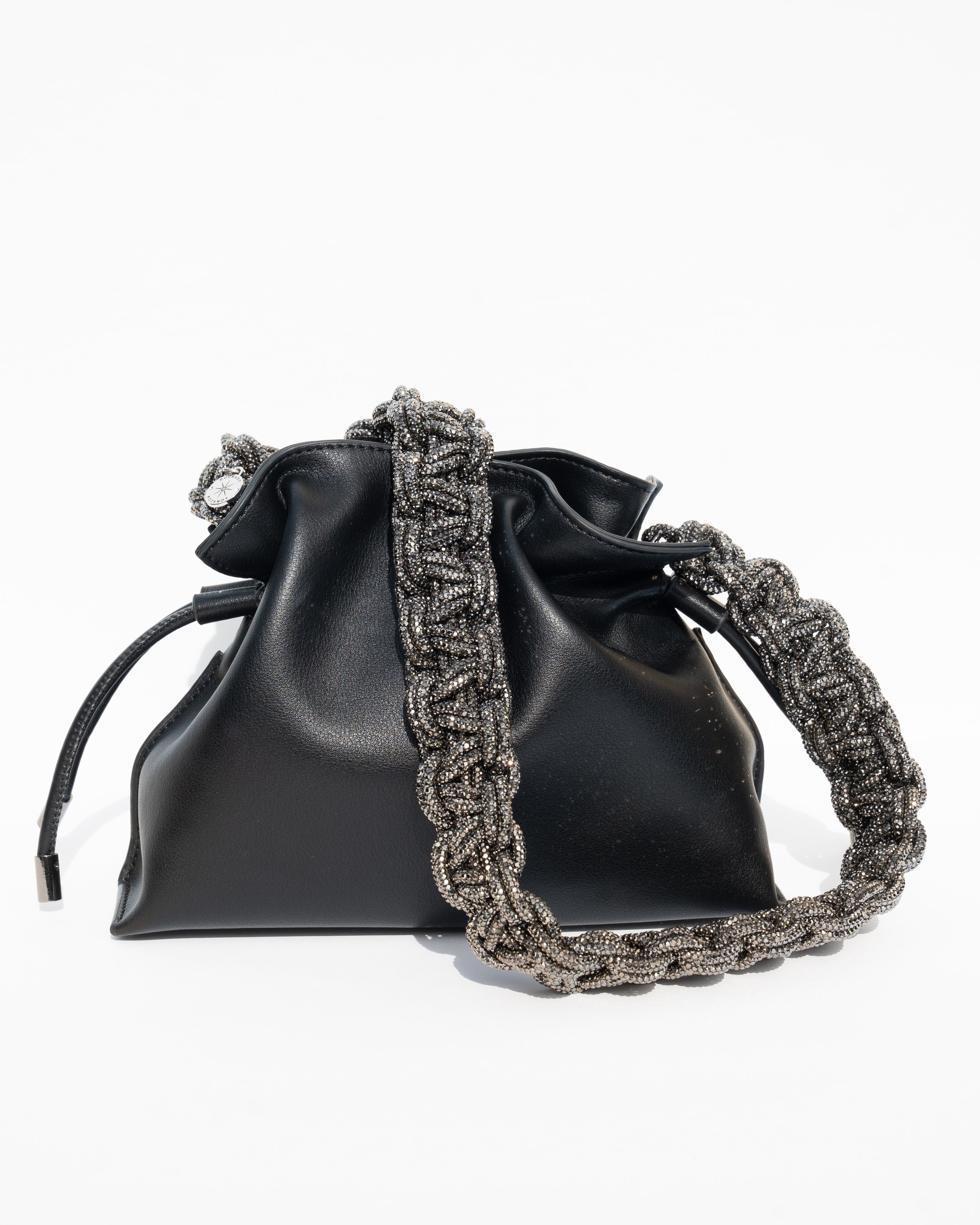 ALLI Drawstring Leather Bucket Bag - Black