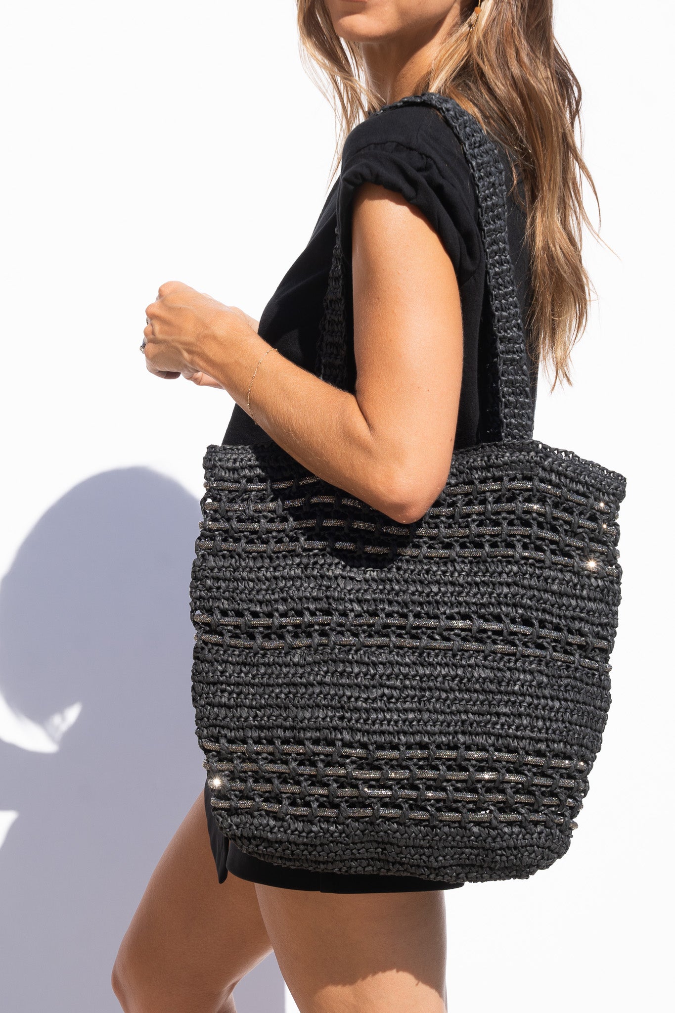 Zuma Straw Tote - Black / Gunmetal (SAMPLE SALE / FINAL SALE)