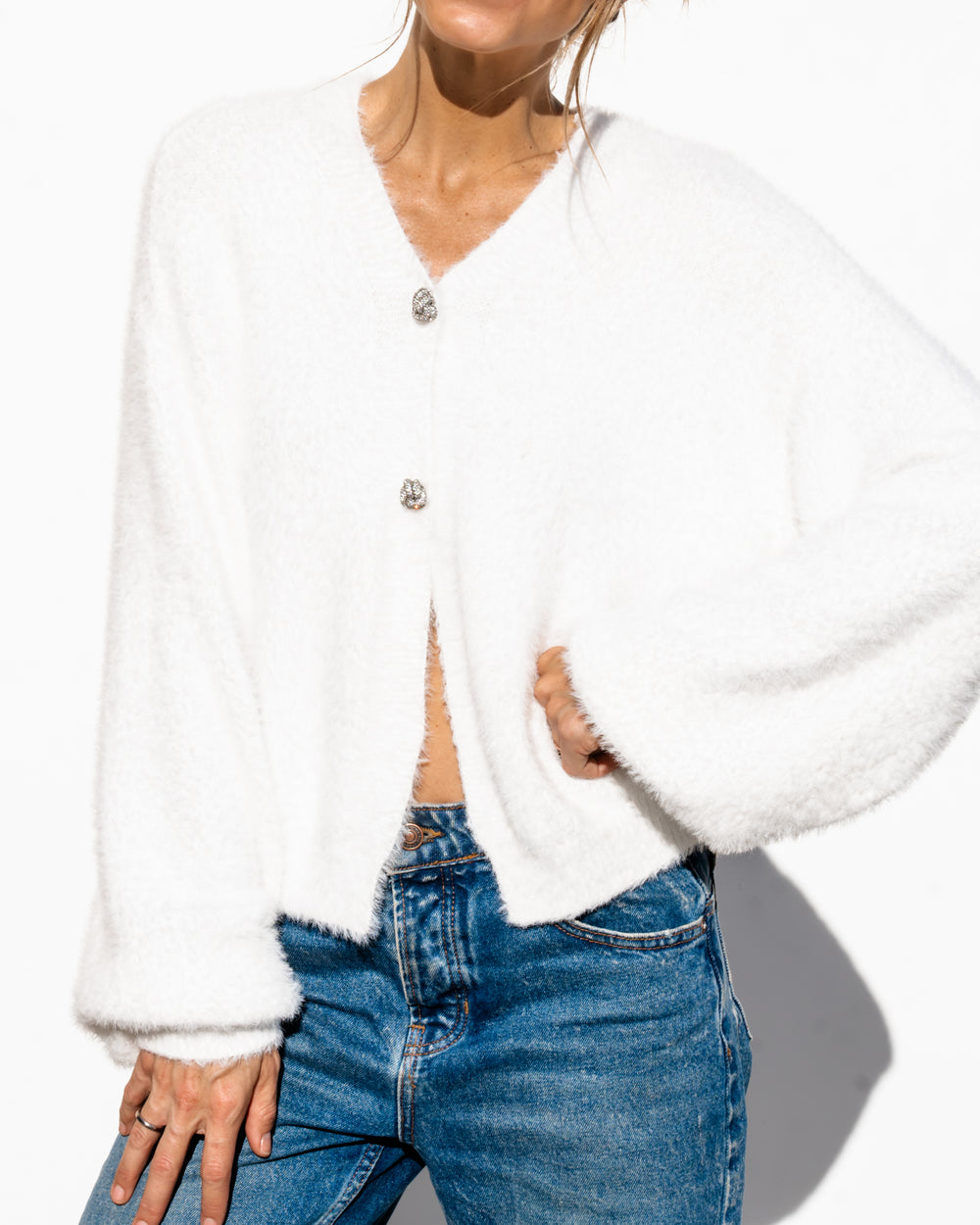 Karina Fuzzy Cardigan - White