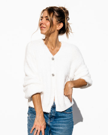 Karina Fuzzy Cardigan - White