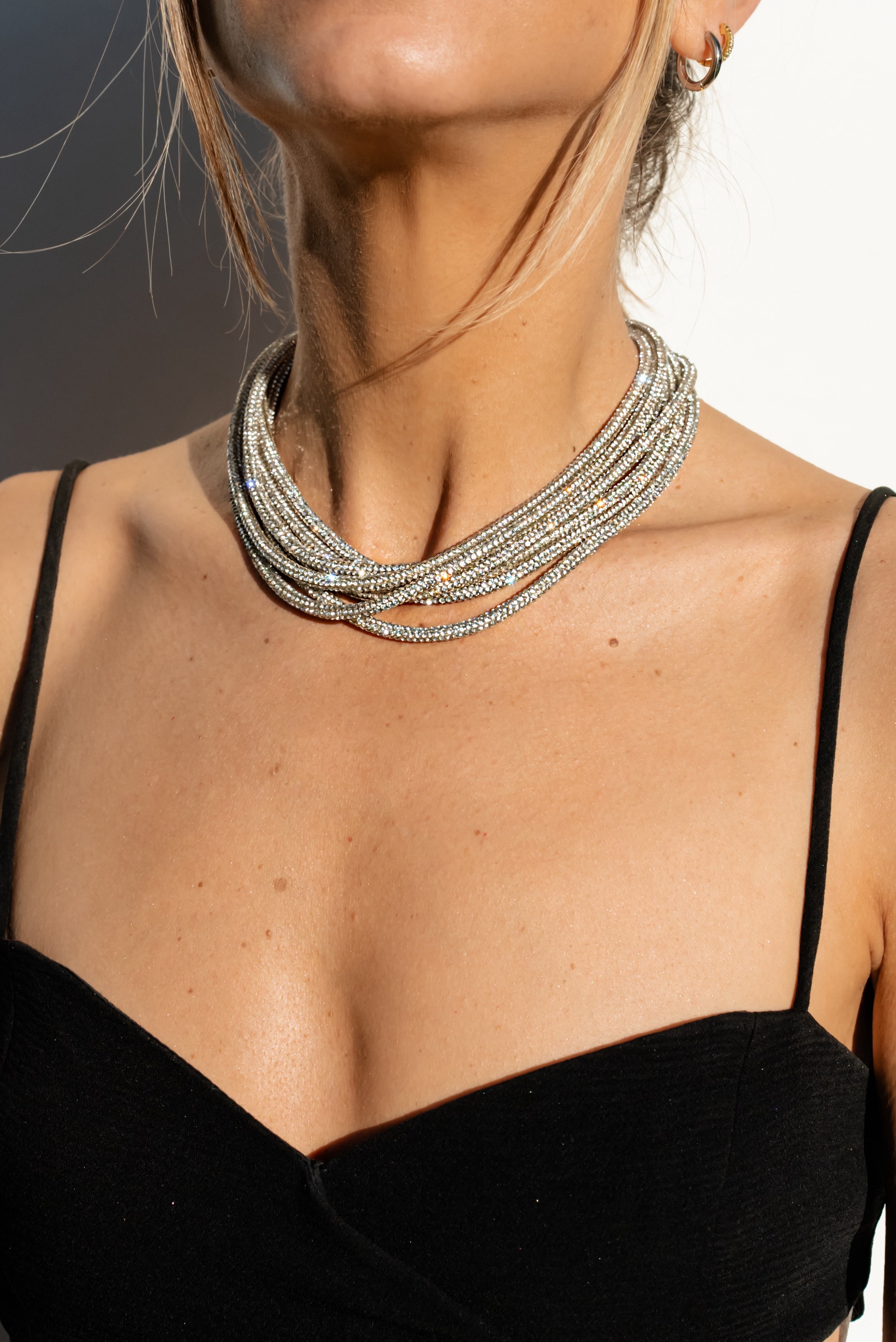 Black Leather Sparkly Snakeskin Choker Necklace with Silver Extender Chain & Swarovski Crystal
